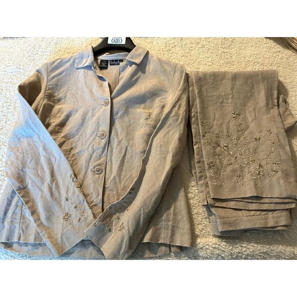 Rafaella Petites Womens Suit Beige Linen Embroidered Collared Button Classy 4P - Picture 3 of 11